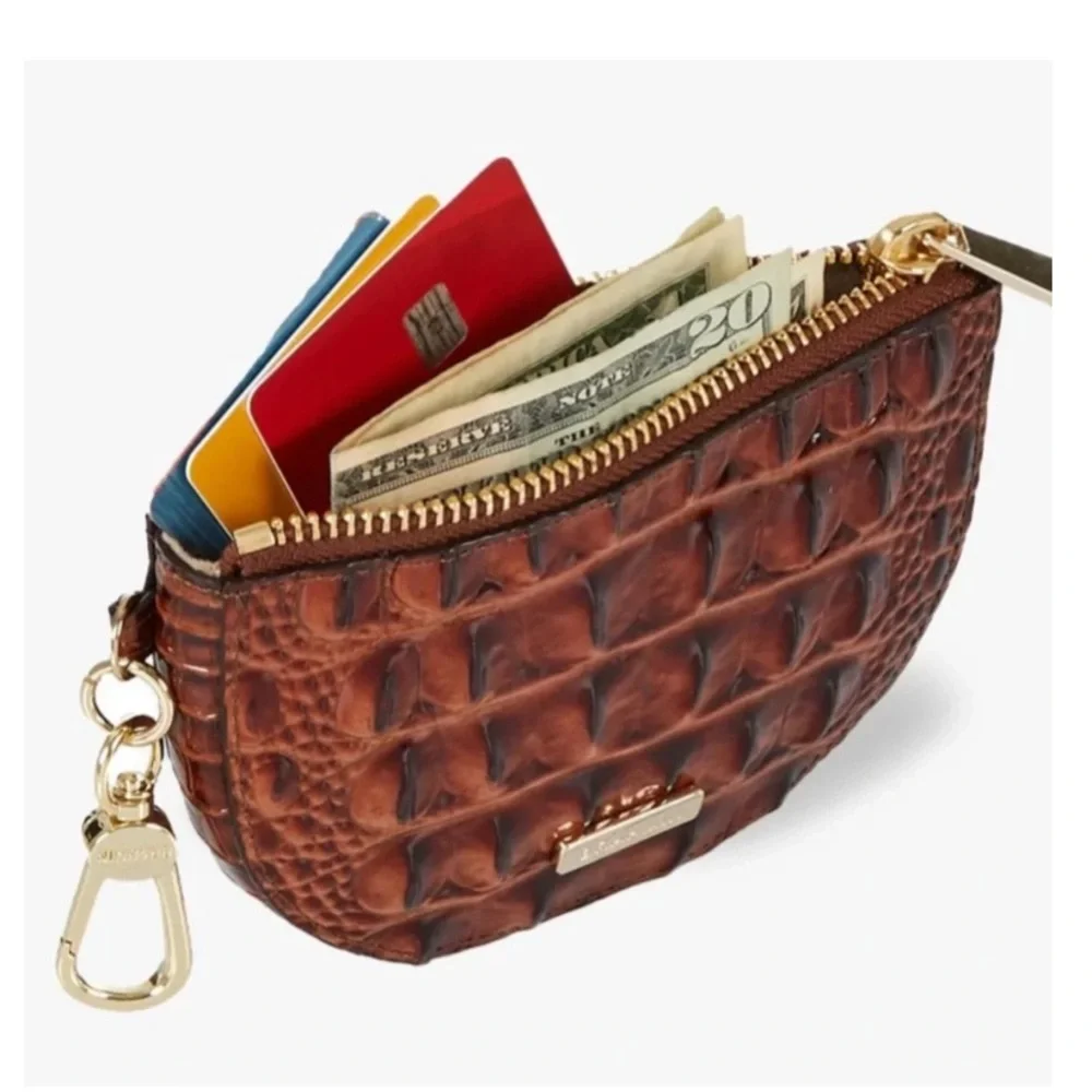 Brahmin Black Croc-Embossed Leather Key Pouch with Gold Hardware